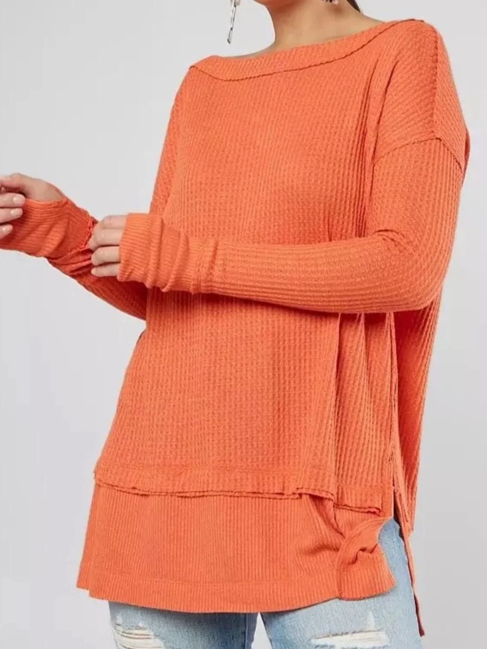Free People We The Free North Shore Thermal Tunic Waffle Knit Orange Small
